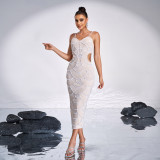 Women's Luxury Strap V-Neck Slim Hollow Sequin Bead Formal Party Evening Dress