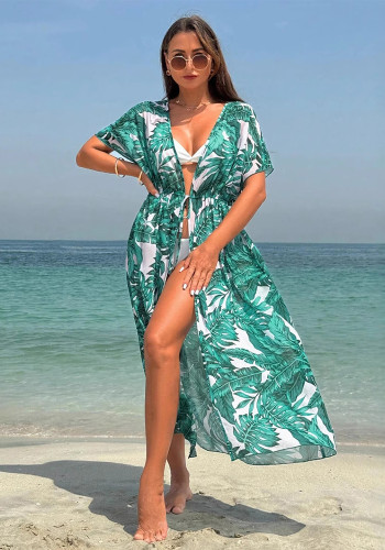 Short-Sleeved Lace-Up Sunscreen Shirt Beach Cover-Up (Without Swimsuit)