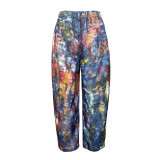 Denim Leather Print Wide-Leg Pants for Women