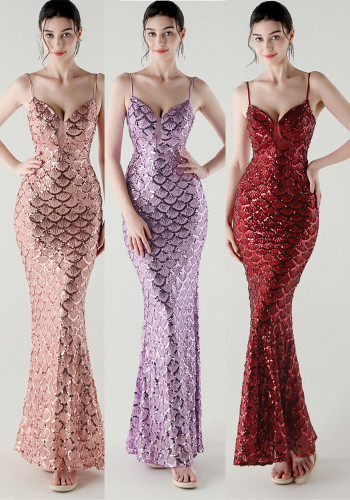 Deep V Strap Slim Fishtail Formal Party Evening Dress