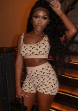 Trendy Moon Print Elastic Tight-Fitting Sexy Strap Top and Shorts Set