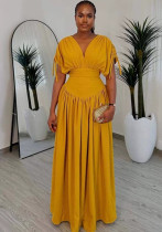 Women's V-Sleeve Elastic Slim Waist Solid Color  African High-Waist Long Dress