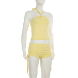 Summer Casual Sexy Knot Halter Neck Vest with Waist Drawstring Shorts Set