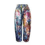 Denim Leather Print Wide-Leg Pants for Women