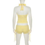 Summer Casual Sexy Knot Halter Neck Vest with Waist Drawstring Shorts Set