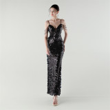 Tassel Sequined Deep V-Neck Low Back Fishtail Evening Dress for Summer Dinners