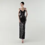 Tassel Sequined Deep V-Neck Low Back Fishtail Evening Dress for Summer Dinners