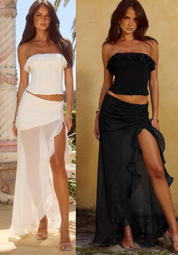 Ruffled Strapless Top Mesh Skirt Two Piece Set for Women