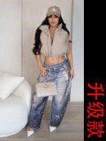 Denim Leather Print Wide-Leg Pants for Women