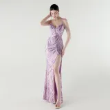 Elegant Deep V Strap Sequin Evening Dress