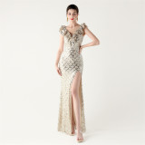 Sequined Ruffled Shoulder Sleeve Fishtail Slim Evening Dress for Formal Parties