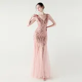 V-Neck Off-Shoulder Mesh Swing Luxury Slim Sequined Evening Dress