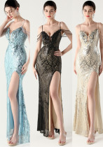 Sequin Deep V Neck Strap Low Back Fishtail Party Evening Dress