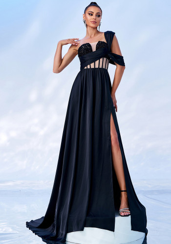 Women's Luxury One-Shoulder Slim Waist Sequin Slit Formal Party Evening Dress