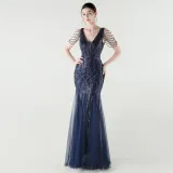 V-Neck Off-Shoulder Mesh Swing Luxury Slim Sequined Evening Dress
