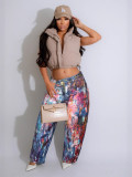 Denim Leather Print Wide-Leg Pants for Women