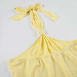 Summer Casual Sexy Knot Halter Neck Vest with Waist Drawstring Shorts Set