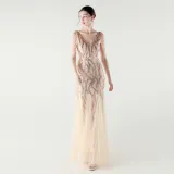 V-Neck Off-Shoulder Mesh Swing Luxury Slim Sequined Evening Dress