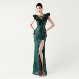 Sequined Ruffled Shoulder Sleeve Fishtail Slim Evening Dress for Formal Parties