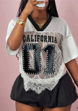 Printed Loose Casual Street See-Through Sexy Lace Patchwork Top for Women