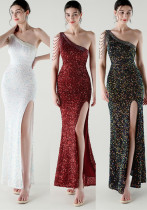 One-Shoulder Sequined Fishtail Evening Dress for Formal Parties