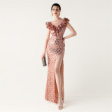 Sequined Ruffled Shoulder Sleeve Fishtail Slim Evening Dress for Formal Parties