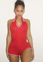 Sexy Sleeveless Solid Color Low Back Halter Neck Short Jumpsuit for Women