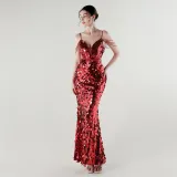 Tassel Sequined Deep V-Neck Low Back Fishtail Evening Dress for Summer Dinners