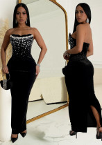 Off-Shoulder Slit Beaded Bodycon Dress for Women