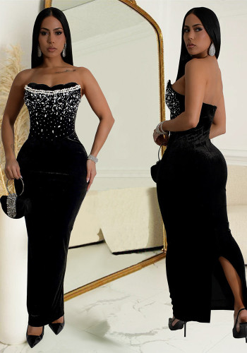 Off-Shoulder Slit Beaded Bodycon Dress for Women