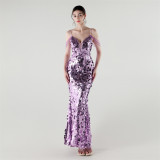 Tassel Sequined Deep V-Neck Low Back Fishtail Evening Dress for Summer Dinners
