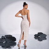 Women's Luxury Strap V-Neck Slim Hollow Sequin Bead Formal Party Evening Dress