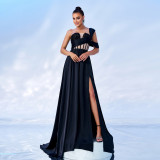 Women's Luxury One-Shoulder Slim Waist Sequin Slit Formal Party Evening Dress