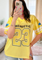 Mesh Loose Patchwork Letter Printed Short-Sleeved T-Shirt for Women