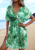 Leaf Print Beach Holidays Dress  Sunscreen Cover-Up