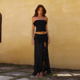 Ruffled Strapless Top Mesh Skirt Two Piece Set for Women