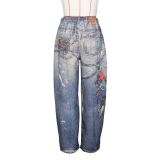 Denim Leather Print Wide-Leg Pants for Women