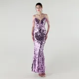 Tassel Sequined Deep V-Neck Low Back Fishtail Evening Dress for Summer Dinners