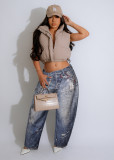 Denim Leather Print Wide-Leg Pants for Women
