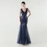 V-Neck Off-Shoulder Mesh Swing Luxury Slim Sequined Evening Dress