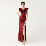 Sequined Ruffled Shoulder Sleeve Fishtail Slim Evening Dress for Formal Parties