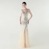 V-Neck Off-Shoulder Mesh Swing Luxury Slim Sequined Evening Dress