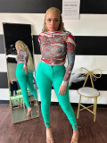Printed Street Trend Slim Mesh Round Neck Pattern Top for Women