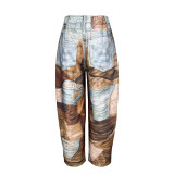 Denim Leather Print Wide-Leg Pants for Women