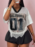 Printed Loose Casual Street See-Through Sexy Lace Patchwork Top for Women