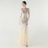 V-Neck Off-Shoulder Mesh Swing Luxury Slim Sequined Evening Dress