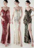 Elegant Deep V Strap Sequin Evening Dress
