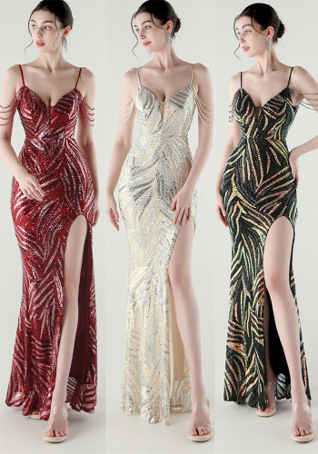 Elegant Deep V Strap Sequin Evening Dress