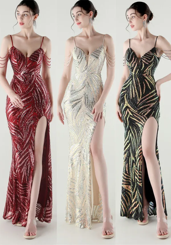 Elegant Deep V Strap Sequin Evening Dress