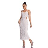 Women's Luxury Strap V-Neck Slim Hollow Sequin Bead Formal Party Evening Dress
